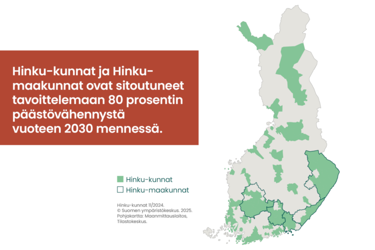 Kuvassa Suomen kartta, johon on merkitty Hinku-kunnat ja Hinku-maakunnat. Hinku-kunnat ja Hinku-maakunnat ovat sitoutuneet tavoittelemaan 80 prosentin päästövähennystä vuoteen 2030 mennessä.