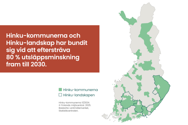 Bilden visar en karta över Finland med Hinku-kommuner och Hinku-landskap markerade. Hinku-kommunerna och Hinku-landskapen har förbundit sig att sträva efter en 80 procents minskning av utsläppen före år 2030.