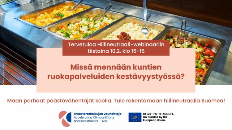 Hiilineutraali-webinaarin aloituskuva, jossa lounaslinjastolla kasvisruokia.